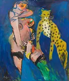 Standing woman with big cat by Alfred Kornberger, 1995, acrylic on canvas, sold Mar 2014