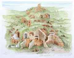 Anton Lehmden, Primordial landscpape with ruins, 1984, hand-coloured etching on paper