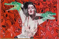 Dita von Teese posing for crocodils by Peter Sengl, 2013, mixed technique on paper, sold Mar 2014