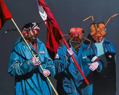 Deborah Sengl, May Day demonstration (Maiaufmarsch Menschen mit Ameisenköpfen und Fahnen), 2005, oil on canvas