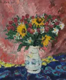 Flower bouquet in white vase by Karl Stark, 1985, oil on board, offered Mar 2014