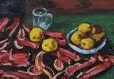 Still life with fruit bowl and water jug by Karl Stark, 1984, oil on fiberboard, offered Mar 2014