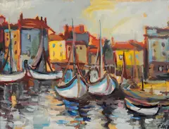 Franz Wlcek, Boats in an Italian harbour, 1974, oil on wooden panel