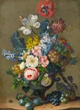 attributet to Leopold Zinnögger, Still Life with flowers and fruits, gouache on cardboard