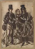 Constantin Ernest Adolphe Guys, Lady with two gentlemen, ink on paper