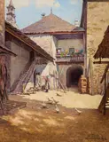 Jindřich Tomec, Courtyard in Weissenkirchen, 1915, oil on canvas laid down on carton