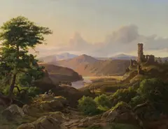 Lebrecht Kühne, Mountain landscape with river and a castle ruin, oil on canvas