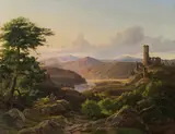 Lebrecht Kühne, Mountain landscape with river and a castle ruin, oil on canvas