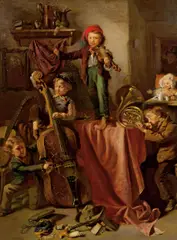 Eduard Ritter, Children making music, oil on panel