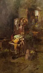 Anton Schrodl, Interior with chair and clothes, oil on canvas