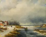 Jan Jacob Spohler, Winter landscape with skaters, oil on panel