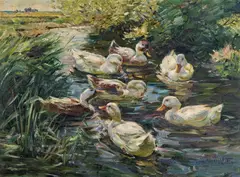 Johann Chajet, Seven ducks in the pond, oil on cardboard