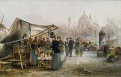 Emil Barbarini, The Viennese Naschmarkt in front of St. Charles church, oil on panel