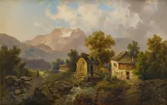 Josef Thoma, Mountain landscape with farm, oil on canvas