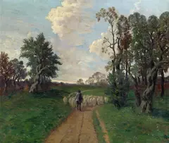 Jakob Josef Koganowsky, Country road with a flock of sheep, oil on canvas