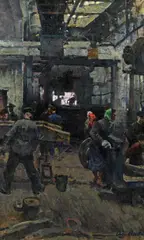 Adolf Aleksejev, Factory building, 1960, Öl auf Leinwand auf Platte
