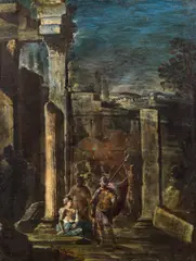 Francois de Nomé, called Monsu Desiderio , circle of, Ruin landscape with soldiers and women, oil on canvas