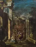 Ruin landscape with soldiers and women by Francois de Nomé, called Monsu Desiderio , circle of, oil on canvas, sold Jan 2014