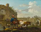 Claude Michel Hamon Duplessis, Shepherdess at a river, oil on panel