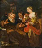 The temptation of St. Anthony by follower of Johann Liss, Öl auf Papier auf Holz, sold Jan 2014