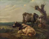 Three cows on a meadow by follower of Paulus Potter, oil on panel, offered Jan 2014