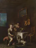 Interior with a lady, a boy and a dog by circle of Johann Conrad Seekatz, oil on canvas, sold Jan 2014