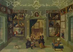 South German Master, A picture gallery with a couple making music, oil on canvas
