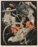 Parrots by Norbertine Bresslern-Roth, colour linocut, unframed, sold Jan 2014