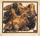Bisons by Norbertine Bresslern-Roth, colour linocut, unframed, sold Jan 2014
