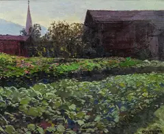 Josef Stoitzner, Fields and barns in Bramberg, oil on cardboard