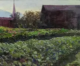 Josef Stoitzner, Fields and barns in Bramberg, oil on cardboard