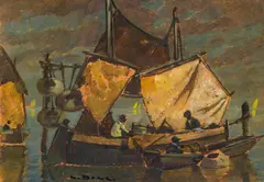 Ludwig Dill, Sailing boats, oil on cardboard
