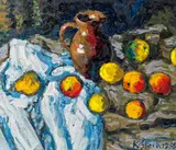Still life with apples by Karl Stark, 1993, oil on board, sold Jan 2014
