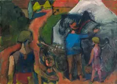 Ernst Schrom, Peasant family with horse, 1960, oil on canvas