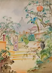 Georg Mayer-Marton, Asian garden with figures and parrot, 1932, watercolour on paper