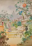 Georg Mayer-Marton, Asian garden with figures and parrot, 1932, watercolour on paper
