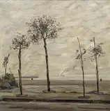 Leopold Hauer, Fog at seaside, um 1950, oil on board