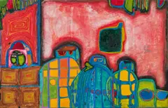 Friedensreich Hundertwasser, Setting of a Green Sun, 1960, Watercolour on wrapping paper, primed with chalk and PV; probably mounted on canvas
