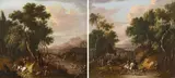Landscape with figures, horses and dogs (a pair) by attributet to Maximilian Joseph Schinnagl, oil on canvas, sold Nov 2013