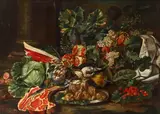 Giuseppe Ruoppolo, Still life with fruit, birds and meat, oil on canvas