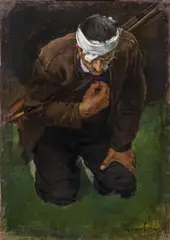 Albin Egger-Lienz, Kneeling Farmer, 1894-1896, oil on canvas laid down on cardboard