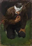 Albin Egger-Lienz, Kneeling Farmer, 1894-1896, oil on canvas laid down on cardboard