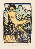 Otto Mueller, Am Ufer sitzendes Mädchen (Sitzendes Mädchen in Landschaft), 1922-1926, Lithograph, with watercolors