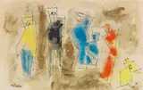 Untitled (Six Figures) by Lyonel Feininger, Um 1953, Watercolor and gold over India ink drawing, sold Jul 2020