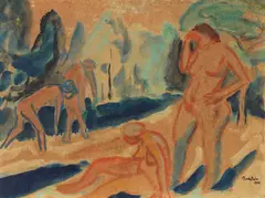 Vier Badende by Max Pechstein, 1911, Watercolor on brownish paper, laid on canvas, sold Jul 2020
