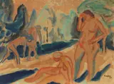 Max Pechstein, Vier Badende, 1911, Watercolor on brownish paper, laid on canvas