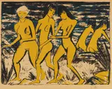 Otto Mueller, Fünf gelbe Akte am Wasser, 1921, Lithograph in colors