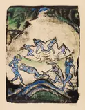 Max Pechstein, Der Tanz (Tanzende und Badende am Waldteich), 1912, Lithograph, hand-colored