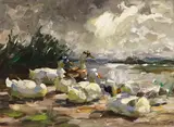Alexander Koester, Enten am Ufer (schöne Wolkenstimmung), 1914, Oil on canvas