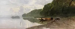 Richard von Poschinger, Uferlandschaft am Starnberger See mit weidenden Kühen, 1880, Oil on canvas